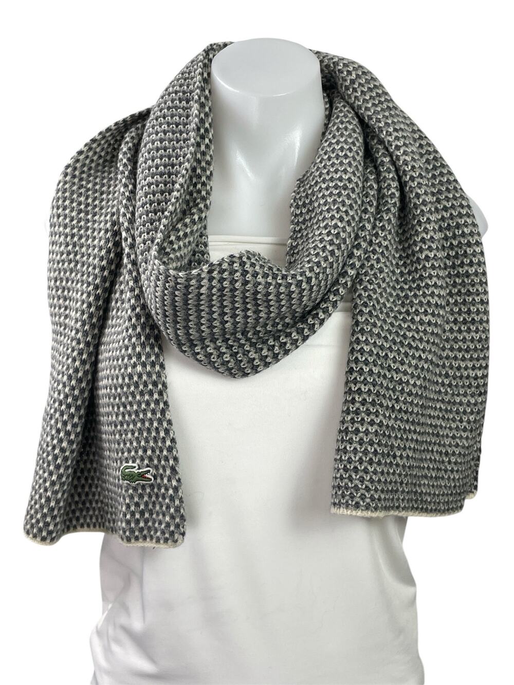 Lacoste Women's Black Gray Textured Knit Snow Wrap Shawl Neck Scarf Size OS